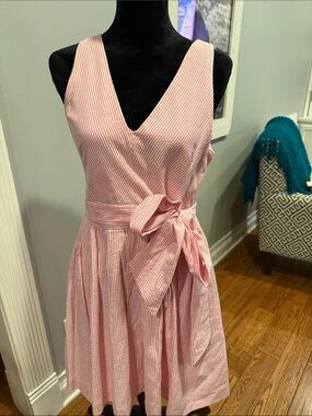Southern Frock pink and white striped (seersucker) dress. Size 8.